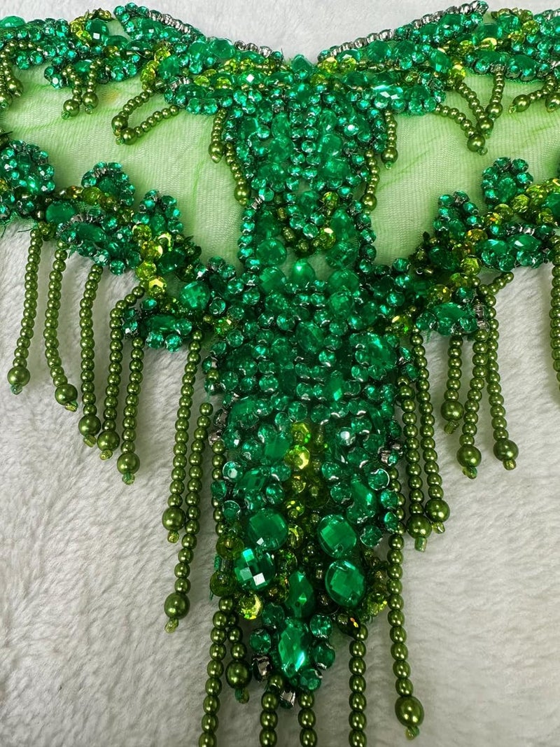 MOPISVN Handmade Crystal on lace Applique Sewing Rhinestones Fringe Beads Sequins Patches Trim Luxury Decoration Accessories for Wedding Dress 17X12.5inches (Light Green) - Image 3